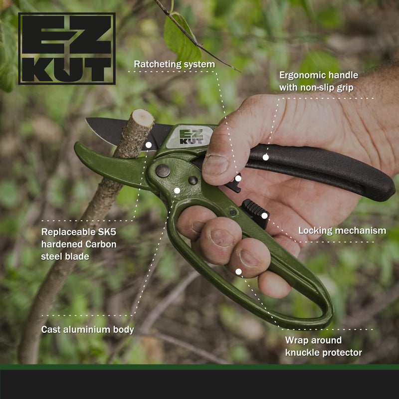 EZ Kut Heavy Duty Pruning Shears Green - with Ratcheting Action Great Garden Hand Tool Clippers Gardening pruners arthritis tools Ratcheting Anvil Hand Pruner Pruning Shears Heavy Duty Since 1988 - Image 3